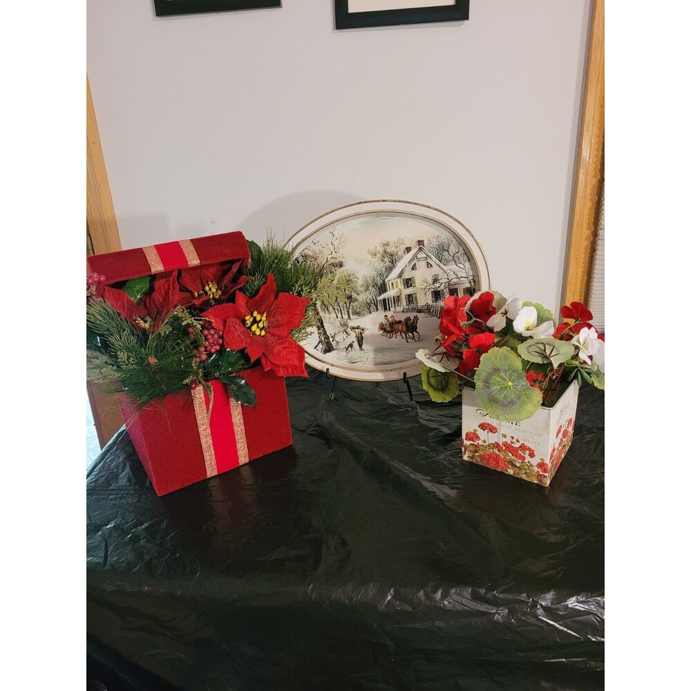 Holiday Decor Curtier & Ives, Velvet Pointsetta Box & Tin W/handle Pansies